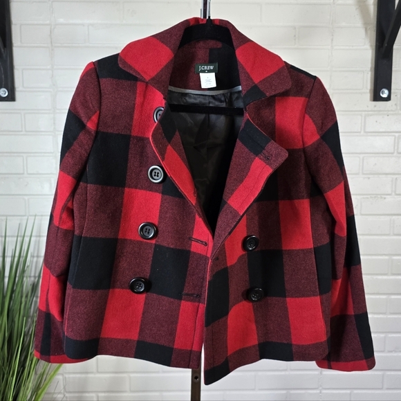 J. Crew Red Buffalo Plaid Double Breasted Cropped Pea Coat Jacket Small Or 6 - Picture 10 of 13